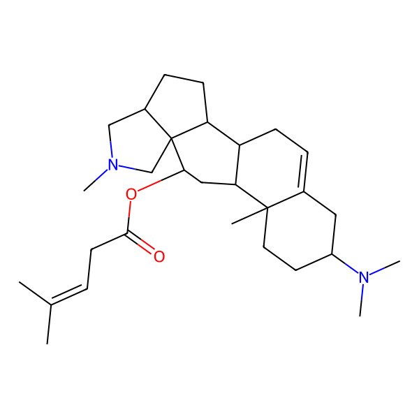 2D Structure of [16-(Dimethylamino)-7,13-dimethyl-7-azapentacyclo[10.8.0.02,9.05,9.013,18]icos-18-en-10-yl] 4-methylpent-3-enoate