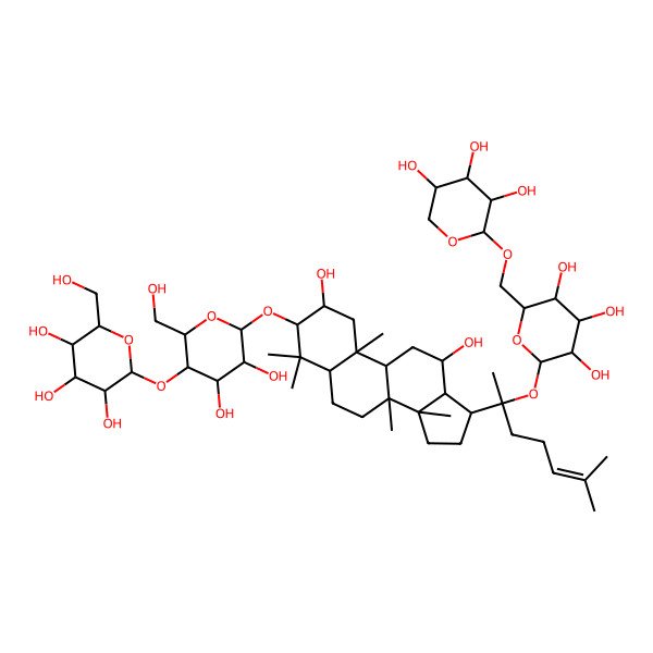 2D Structure of (2S,3R,4S,5S,6R)-2-[(2R,3S,4R,5R,6R)-6-[[(2R,3R,5R,8R,9R,10R,12R,13R,14R,17S)-2,12-dihydroxy-4,4,8,10,14-pentamethyl-17-[(2S)-6-methyl-2-[(2S,3R,4S,5S,6R)-3,4,5-trihydroxy-6-[[(2S,3R,4S,5R)-3,4,5-trihydroxyoxan-2-yl]oxymethyl]oxan-2-yl]oxyhept-5-en-2-yl]-2,3,5,6,7,9,11,12,13,15,16,17-dodecahydro-1H-cyclopenta[a]phenanthren-3-yl]oxy]-4,5-dihydroxy-2-(hydroxymethyl)oxan-3-yl]oxy-6-(hydroxymethyl)oxane-3,4,5-triol