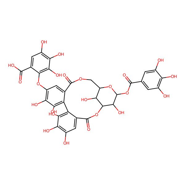 2D Structure of 2-[[(1S,19R,21S,22R,23R)-6,7,8,11,12,22,23-heptahydroxy-3,16-dioxo-21-(3,4,5-trihydroxybenzoyl)oxy-2,17,20-trioxatetracyclo[17.3.1.04,9.010,15]tricosa-4,6,8,10,12,14-hexaen-13-yl]oxy]-3,4,5-trihydroxybenzoic acid