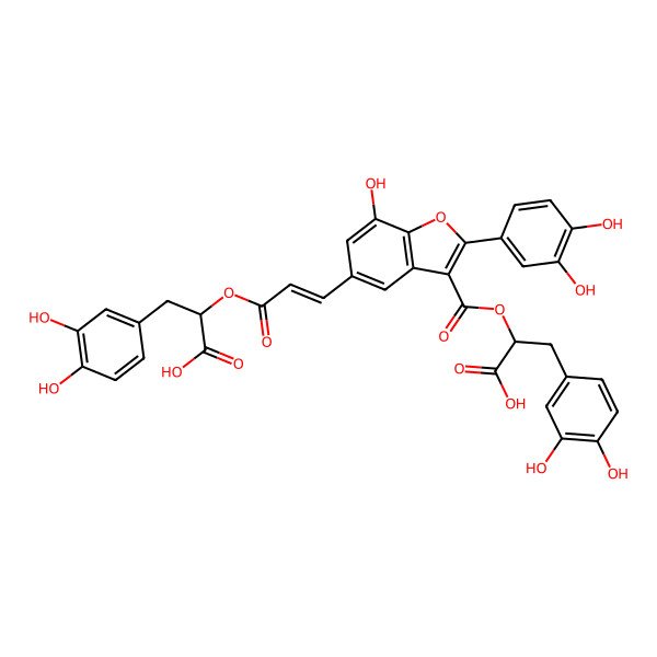 2D Structure of (R)-3-(3,4-Dihydroxyphenyl)-2-[3-[7-hydroxy-2-(3,4-dihydroxyphenyl)-3-[[(R)-1-carboxy-2-(3,4-dihydroxyphenyl)ethyl]oxycarbonyl]benzofuran-5-yl]propenoyloxy]propionic acid