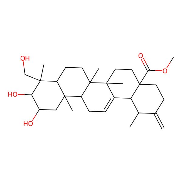 2D Structure of methyl (1R,4aS,6aR,6aS,6bR,8aR,9S,10S,11R,12aR,14bS)-10,11-dihydroxy-9-(hydroxymethyl)-1,6a,6b,9,12a-pentamethyl-2-methylidene-1,3,4,5,6,6a,7,8,8a,10,11,12,13,14b-tetradecahydropicene-4a-carboxylate