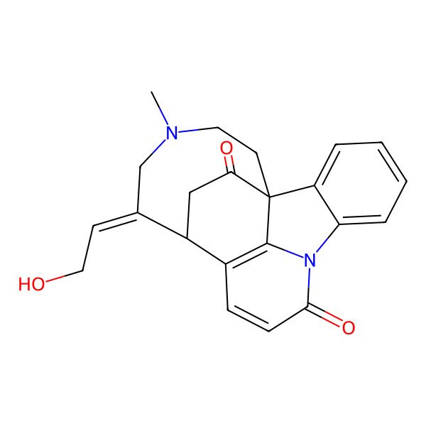 2D Structure of (4S,5E,9aS)-5-(2-hydroxyethylidene)-7-methyl-4,5,6,7,8,9-hexahydro-1H-4,9a-ethano-7,13b-diazacyclonona[1,2,3-jk]fluorene-1,14-dione