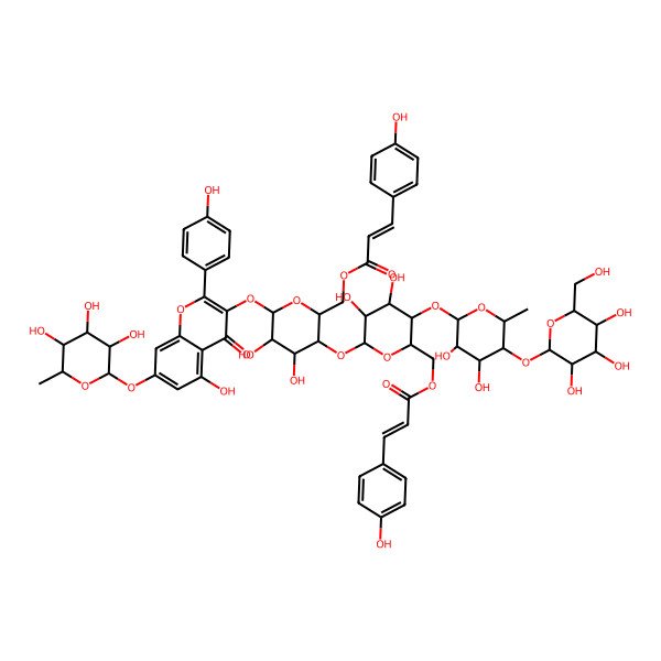 2D Structure of [(2R,3S,4R,5R,6S)-6-[(2R,3S,4R,5R,6S)-4,5-dihydroxy-6-[5-hydroxy-2-(4-hydroxyphenyl)-4-oxo-7-[(2S,3R,4R,5R,6S)-3,4,5-trihydroxy-6-methyloxan-2-yl]oxychromen-3-yl]oxy-2-[[(E)-3-(4-hydroxyphenyl)prop-2-enoyl]oxymethyl]oxan-3-yl]oxy-3-[(2S,3R,4S,5R,6S)-3,4-dihydroxy-6-methyl-5-[(2S,3R,4S,5S,6R)-3,4,5-trihydroxy-6-(hydroxymethyl)oxan-2-yl]oxyoxan-2-yl]oxy-4,5-dihydroxyoxan-2-yl]methyl (E)-3-(4-hydroxyphenyl)prop-2-enoate