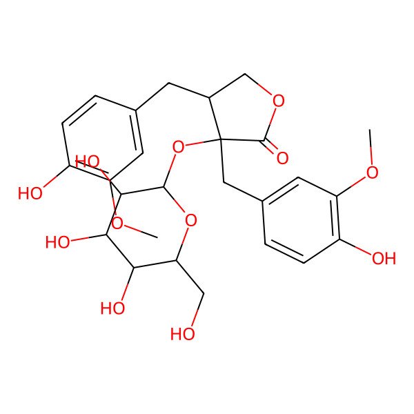 2D Structure of (3S,4R)-3,4-bis[(4-hydroxy-3-methoxyphenyl)methyl]-3-[(2S,3R,4S,5S,6R)-3,4,5-trihydroxy-6-(hydroxymethyl)oxan-2-yl]oxyoxolan-2-one