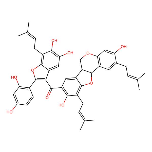 2D Structure of [(6aR,11aR)-3,9-dihydroxy-2,10-bis(3-methylbut-2-enyl)-6a,11a-dihydro-6H-[1]benzofuro[3,2-c]chromen-8-yl]-[2-(2,4-dihydroxyphenyl)-5,6-dihydroxy-7-(3-methylbut-2-enyl)-1-benzofuran-3-yl]methanone
