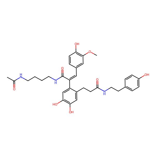 2D Structure of (E)-2-(4,5-Dihydroxy-2-{3-[(4-Hydroxyphenethyl)Amino]-3-Oxopropyl}Phenyl)-3-(4-Hydroxy-3-Methoxyphenyl)-N-(4-Acetamidobutyl)Acrylamide