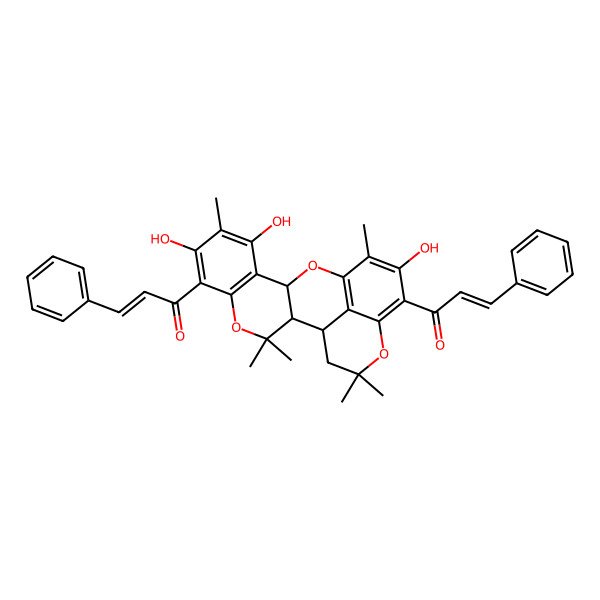 2D Structure of (E)-3-phenyl-1-[(1R,2R,11S)-7,9,15-trihydroxy-3,3,8,14,19,19-hexamethyl-16-[(E)-3-phenylprop-2-enoyl]-4,12,18-trioxapentacyclo[11.7.1.02,11.05,10.017,21]henicosa-5(10),6,8,13(21),14,16-hexaen-6-yl]prop-2-en-1-one