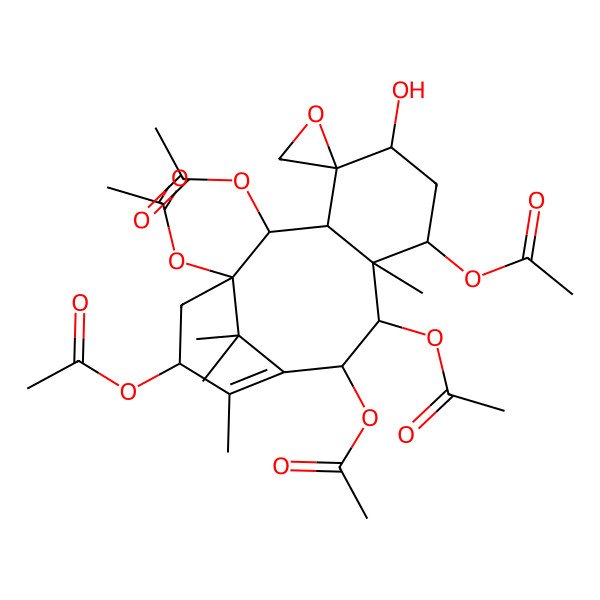 2D Structure of [(1'S,2S,2'S,3'R,5'S,7'S,8'S,9'R,10'R,13'S)-1',2',9',10',13'-pentaacetyloxy-5'-hydroxy-8',12',15',15'-tetramethylspiro[oxirane-2,4'-tricyclo[9.3.1.03,8]pentadec-11-ene]-7'-yl] acetate