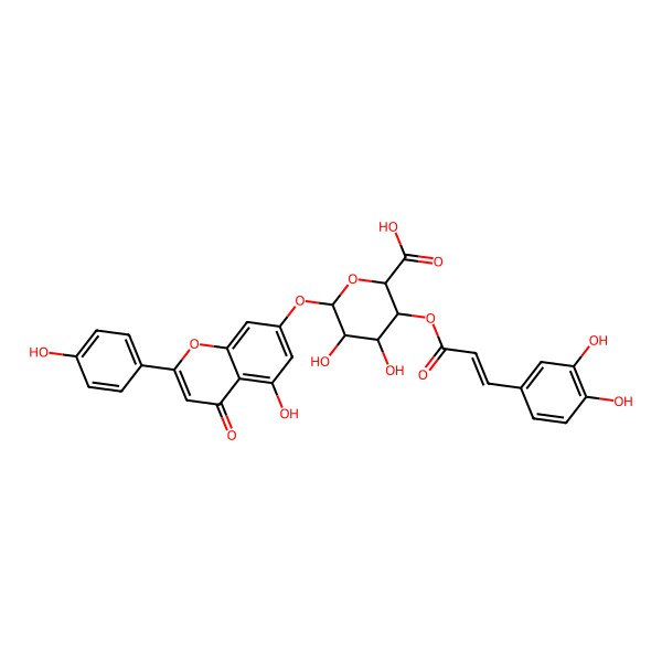 2D Structure of (2S,3S,4R,5R,6S)-3-[(E)-3-(3,4-dihydroxyphenyl)prop-2-enoyl]oxy-4,5-dihydroxy-6-[5-hydroxy-2-(4-hydroxyphenyl)-4-oxo-chromen-7-yl]oxy-tetrahydropyran-2-carboxylic acid