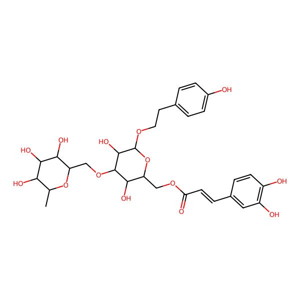 2D Structure of [(2R,3R,4S,5R,6R)-3,5-dihydroxy-6-[2-(4-hydroxyphenyl)ethoxy]-4-[[(2S,3R,4R,5R,6S)-3,4,5-trihydroxy-6-methyloxan-2-yl]methoxy]oxan-2-yl]methyl (E)-3-(3,4-dihydroxyphenyl)prop-2-enoate