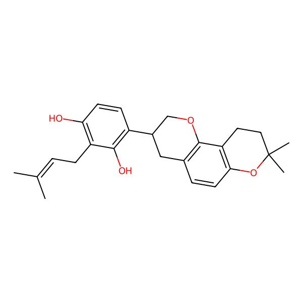 2D Structure of 4-(8,8-dimethyl-3,4,9,10-tetrahydro-2H-pyrano[2,3-h]chromen-3-yl)-2-(3-methylbut-2-enyl)benzene-1,3-diol