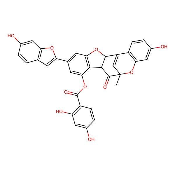 2D Structure of [16-Hydroxy-6-(6-hydroxy-1-benzofuran-2-yl)-12-methyl-11-oxo-3,13-dioxapentacyclo[10.7.1.02,10.04,9.014,19]icosa-1(20),4(9),5,7,14(19),15,17-heptaen-8-yl] 2,4-dihydroxybenzoate