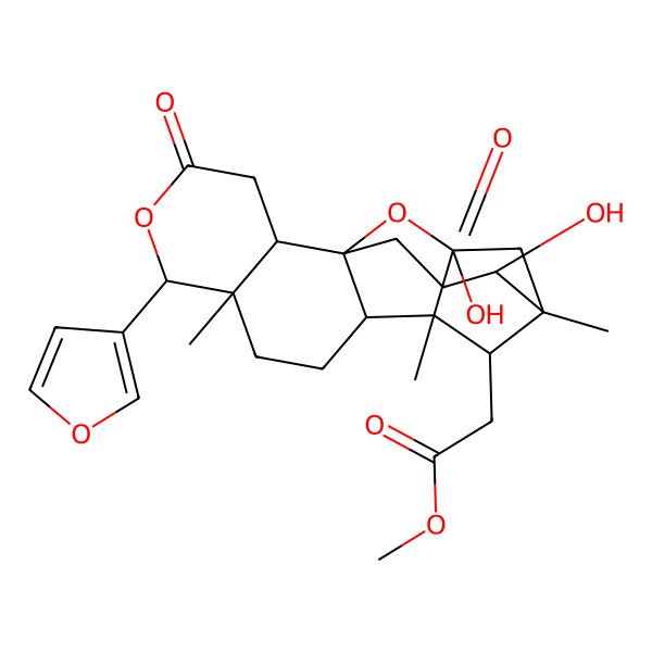 2D Structure of methyl 2-[(1S,2S,6R,7R,10R,11S,12S,14R,15S,19S)-6-(furan-3-yl)-12,15-dihydroxy-7,11,14-trimethyl-4,16-dioxo-5,18-dioxapentacyclo[10.5.1.111,14.01,10.02,7]nonadecan-19-yl]acetate