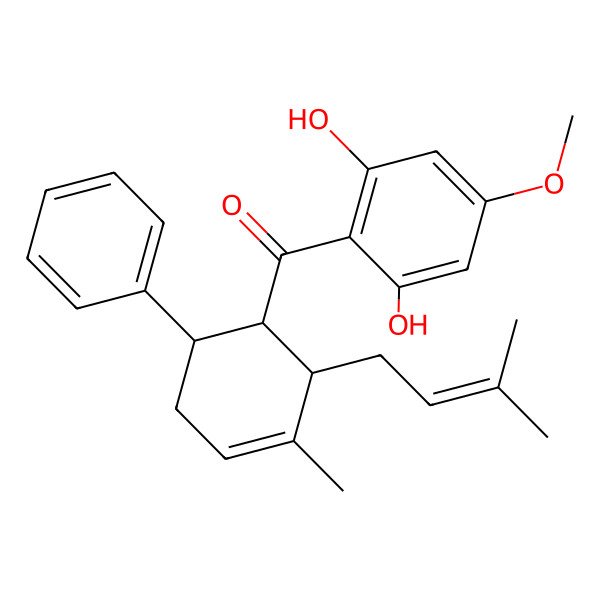 2D Structure of 2,6-Dihydroxy-4-methoxyphenyl[2beta-(3-methyl-2-butenyl)-3-methyl-6alpha-phenyl-3-cyclohexene-1beta-yl]methanone