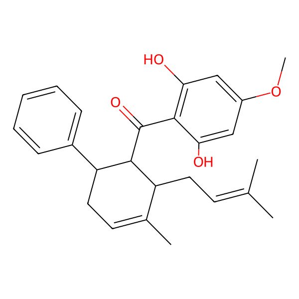 2D Structure of (2,6-dihydroxy-4-methoxyphenyl)-[(1S,2R,6S)-3-methyl-2-(3-methylbut-2-enyl)-6-phenylcyclohex-3-en-1-yl]methanone