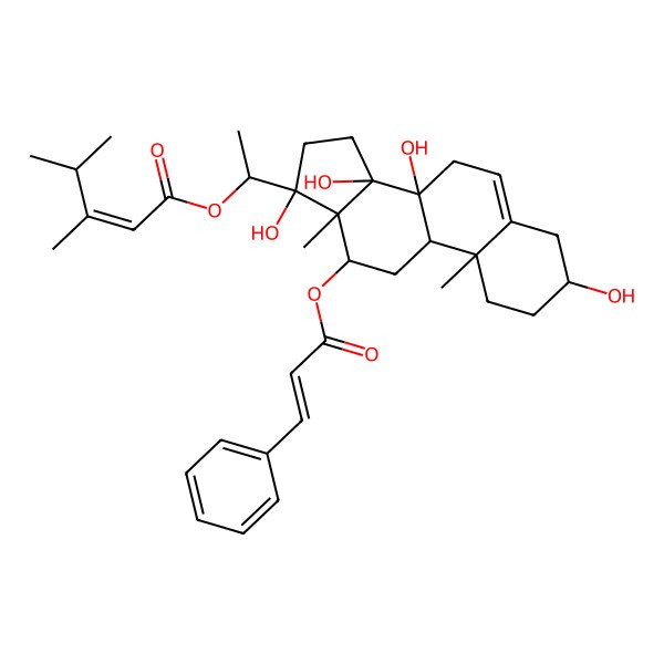 2D Structure of 1-[(3S,8S,10R,12R,13R,14R,17S)-3,8,14,17-tetrahydroxy-10,13-dimethyl-12-[(E)-3-phenylprop-2-enoyl]oxy-1,2,3,4,7,9,11,12,15,16-decahydrocyclopenta[a]phenanthren-17-yl]ethyl (E)-3,4-dimethylpent-2-enoate