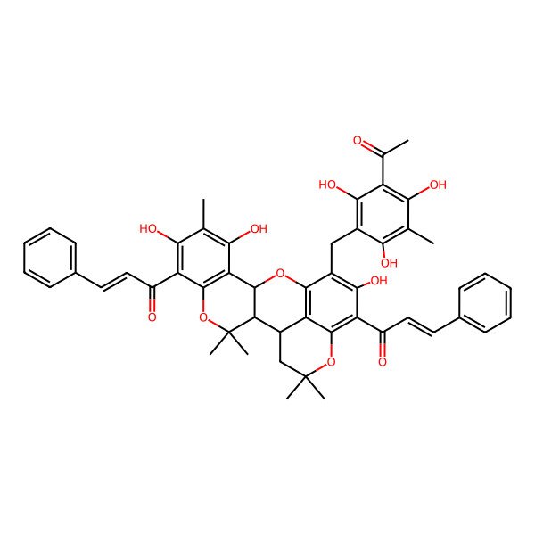 2D Structure of (E)-1-[(1R,2R,11S)-14-[(3-acetyl-2,4,6-trihydroxy-5-methylphenyl)methyl]-7,9,15-trihydroxy-3,3,8,19,19-pentamethyl-16-[(E)-3-phenylprop-2-enoyl]-4,12,18-trioxapentacyclo[11.7.1.02,11.05,10.017,21]henicosa-5(10),6,8,13(21),14,16-hexaen-6-yl]-3-phenylprop-2-en-1-one