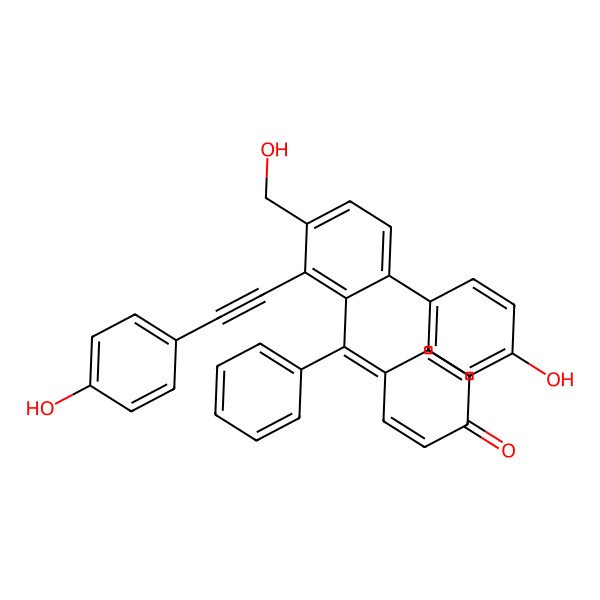 2D Structure of 4-[{4'-Hydroxy-4-(hydroxymethyl)-3-[(4-hydroxyphenyl)ethynyl]biphenyl-2-yl}(phenyl)methylidene]cyclohexa-2,5-dien-1-one