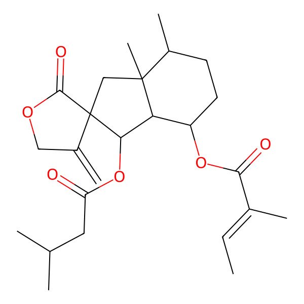 2D Structure of [(2R,3R,3aR,4S,7S,7aR)-7,7a-dimethyl-3-(3-methylbutanoyloxy)-4'-methylidene-2'-oxospiro[3,3a,4,5,6,7-hexahydro-1H-indene-2,3'-oxolane]-4-yl] (Z)-2-methylbut-2-enoate