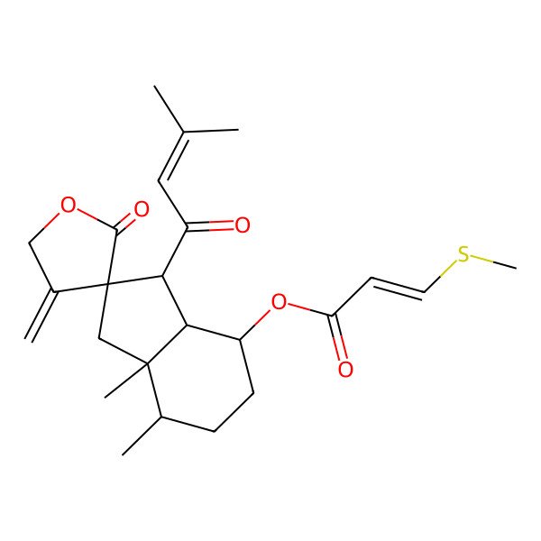 2D Structure of [(2R,3R,3aR,4S,7S,7aR)-7,7a-dimethyl-3-(3-methylbut-2-enoyl)-4'-methylidene-2'-oxospiro[3,3a,4,5,6,7-hexahydro-1H-indene-2,3'-oxolane]-4-yl] (Z)-3-methylsulfanylprop-2-enoate
