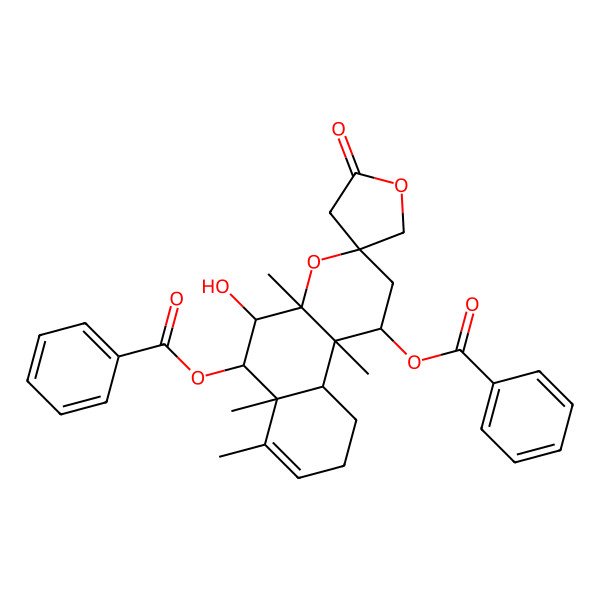 2D Structure of [(1S,3S,4aR,5S,6R,6aR,10aS,10bS)-6-benzoyloxy-5-hydroxy-4a,6a,7,10b-tetramethyl-2'-oxospiro[2,5,6,9,10,10a-hexahydro-1H-benzo[f]chromene-3,4'-oxolane]-1-yl] benzoate