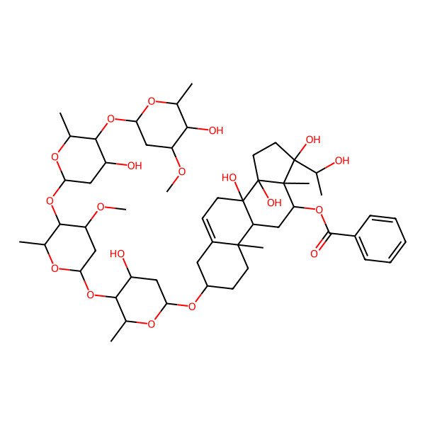 2D Structure of [(3S,8S,9R,10R,12R,13R,14R,17S)-8,14,17-trihydroxy-17-[(1S)-1-hydroxyethyl]-3-[(2R,4S,5S,6R)-4-hydroxy-5-[(2S,4R,5R,6R)-5-[(2S,4R,5S,6R)-4-hydroxy-5-[(2S,4R,5R,6R)-5-hydroxy-4-methoxy-6-methyloxan-2-yl]oxy-6-methyloxan-2-yl]oxy-4-methoxy-6-methyloxan-2-yl]oxy-6-methyloxan-2-yl]oxy-10,13-dimethyl-1,2,3,4,7,9,11,12,15,16-decahydrocyclopenta[a]phenanthren-12-yl] benzoate