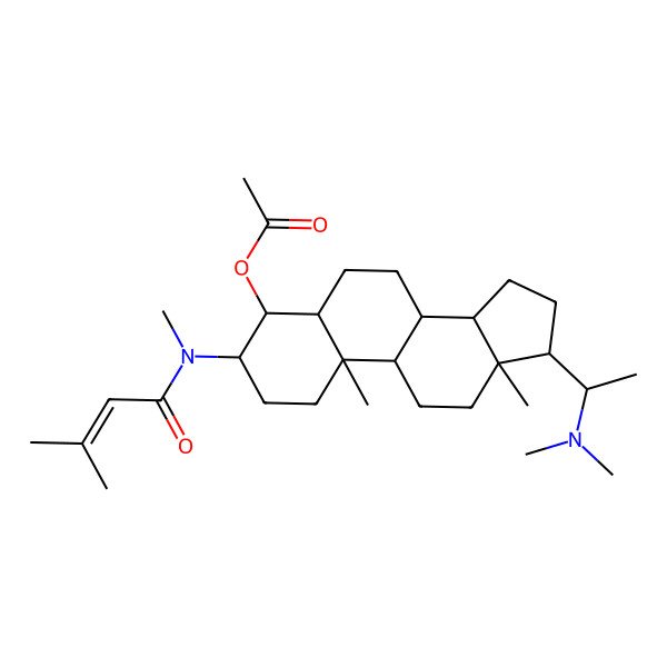 2D Structure of [(3R,4R,10R,13S,14S,17S)-17-[(1S)-1-(dimethylamino)ethyl]-10,13-dimethyl-3-[methyl(3-methylbut-2-enoyl)amino]-2,3,4,5,6,7,8,9,11,12,14,15,16,17-tetradecahydro-1H-cyclopenta[a]phenanthren-4-yl] acetate