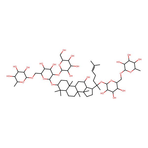 2D Structure of (2R,3R,4R,5R,6S)-2-[[(2R,3S,4S,5R,6S)-6-[(2S)-2-[(14R)-3-[(2R,3R,4S,5S,6R)-4,5-dihydroxy-3-[(2S,3R,4S,5S,6R)-3,4,5-trihydroxy-6-(hydroxymethyl)oxan-2-yl]oxy-6-[[(2R,3R,4R,5R,6S)-3,4,5-trihydroxy-6-methyloxan-2-yl]oxymethyl]oxan-2-yl]oxy-12-hydroxy-4,4,8,10,14-pentamethyl-2,3,5,6,7,9,11,12,13,15,16,17-dodecahydro-1H-cyclopenta[a]phenanthren-17-yl]-6-methylhept-5-en-2-yl]oxy-3,4,5-trihydroxyoxan-2-yl]methoxy]-6-methyloxane-3,4,5-triol