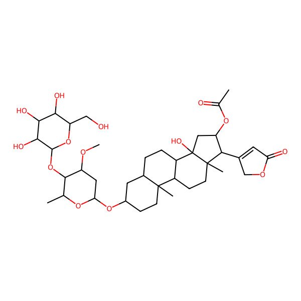2D Structure of [(3S,5S,8R,9S,10S,13R,14S,16S,17R)-14-hydroxy-3-[(2R,4R,5S,6R)-4-methoxy-6-methyl-5-[(2S,3R,4S,5S,6R)-3,4,5-trihydroxy-6-(hydroxymethyl)oxan-2-yl]oxyoxan-2-yl]oxy-10,13-dimethyl-17-(5-oxo-2H-furan-3-yl)-1,2,3,4,5,6,7,8,9,11,12,15,16,17-tetradecahydrocyclopenta[a]phenanthren-16-yl] acetate