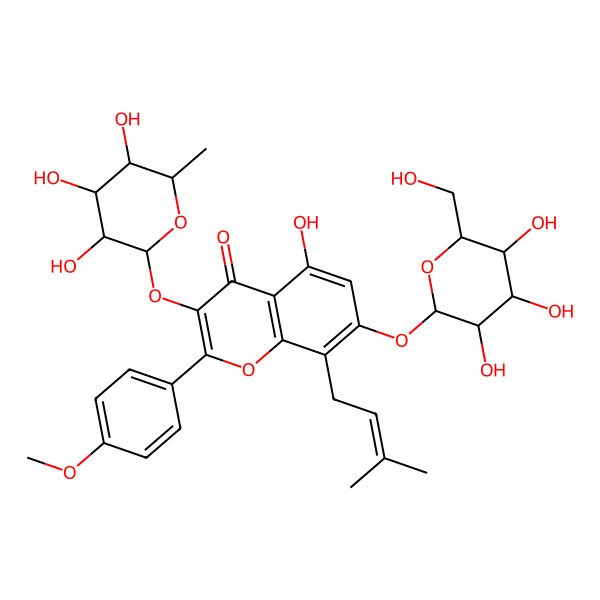 2D Structure of 3-[(6-Deoxy-alpha-L-mannopyranosyl)oxy]-7-(beta-D-glucopyranosyloxy)-5-hydroxy-2-(4-methoxyphenyl)-8-(3-methyl-2-buten-1-yl)-4H-1-benzopyran-4-one