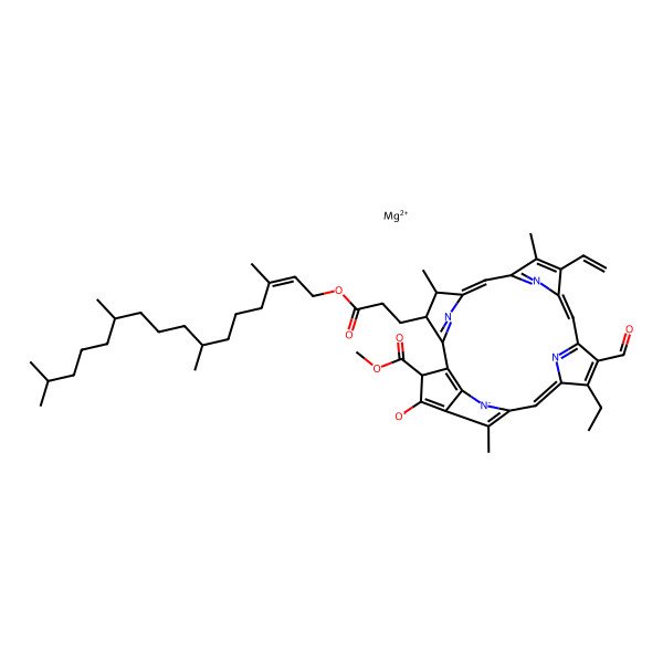 2D Structure of magnesium;[(21S,22S)-16-ethenyl-11-ethyl-3-methoxycarbonyl-17,21,26-trimethyl-4-oxo-22-[3-oxo-3-[(E,7R,11R)-3,7,11,15-tetramethylhexadec-2-enoxy]propyl]-23,24,25-triaza-7-azanidahexacyclo[18.2.1.15,8.110,13.115,18.02,6]hexacosa-1(23),2(6),5(26),8,10,13(25),14,16,18(24),19-decaen-12-ylidene]methanolate