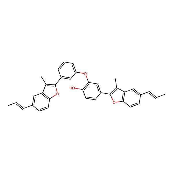 2D Structure of 4-[3-methyl-5-[(E)-prop-1-enyl]-1-benzofuran-2-yl]-2-[3-[3-methyl-5-[(E)-prop-1-enyl]-1-benzofuran-2-yl]phenoxy]phenol