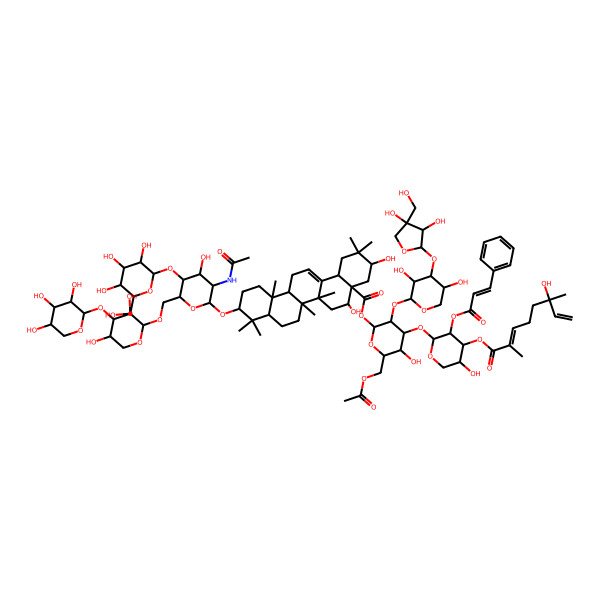2D Structure of [(2S,3R,4S,5R,6R)-6-(acetyloxymethyl)-3-[(2S,3R,4S,5R)-4-[(2S,3R,4R)-3,4-dihydroxy-4-(hydroxymethyl)oxolan-2-yl]oxy-3,5-dihydroxyoxan-2-yl]oxy-5-hydroxy-4-[(2S,3R,4S,5R)-5-hydroxy-4-[(2E,6S)-6-hydroxy-2,6-dimethylocta-2,7-dienoyl]oxy-3-[(E)-3-phenylprop-2-enoyl]oxyoxan-2-yl]oxyoxan-2-yl] (3S,4aR,5R,6aR,6aS,6bR,8aR,10S,12aR,14bS)-10-[(2R,3R,4R,5S,6R)-3-acetamido-6-[[(2S,3R,4S,5S)-3,5-dihydroxy-4-[(2S,3R,4S,5S)-3,4,5-trihydroxyoxan-2-yl]oxyoxan-2-yl]oxymethyl]-4-hydroxy-5-[(2S,3R,4S,5S,6R)-3,4,5-trihydroxy-6-(hydroxymethyl)oxan-2-yl]oxyoxan-2-yl]oxy-3,5-dihydroxy-2,2,6a,6b,9,9,12a-heptamethyl-1,3,4,5,6,6a,7,8,8a,10,11,12,13,14b-tetradecahydropicene-4a-carboxylate