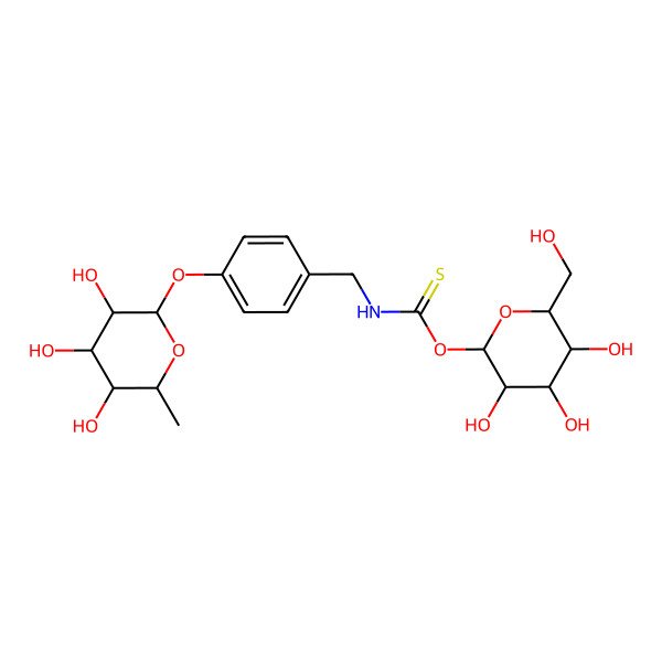 2D Structure of O-[(2R,3R,4S,5S,6R)-3,4,5-trihydroxy-6-(hydroxymethyl)oxan-2-yl] N-[[4-[(2S,3R,4S,5S,6R)-3,4,5-trihydroxy-6-methyloxan-2-yl]oxyphenyl]methyl]carbamothioate