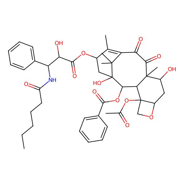 2D Structure of [(1S,2S,3R,4S,7R,9R,10S,15S)-4-acetyloxy-15-[(2R,3S)-3-(hexanoylamino)-2-hydroxy-3-phenylpropanoyl]oxy-1,9-dihydroxy-10,14,17,17-tetramethyl-11,12-dioxo-6-oxatetracyclo[11.3.1.03,10.04,7]heptadec-13-en-2-yl] benzoate