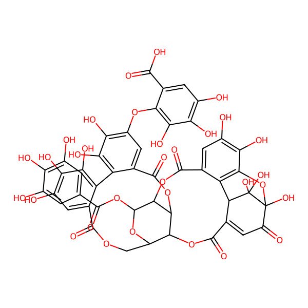 2D Structure of 2-[[(1R,7R,8S,26R,28S,29R,38R)-1,14,15,18,19,20,34,35,39,39-decahydroxy-2,5,10,23,31-pentaoxo-28-(3,4,5-trihydroxybenzoyl)oxy-6,9,24,27,30,40-hexaoxaoctacyclo[34.3.1.04,38.07,26.08,29.011,16.017,22.032,37]tetraconta-3,11,13,15,17,19,21,32,34,36-decaen-13-yl]oxy]-3,4,5-trihydroxybenzoic acid