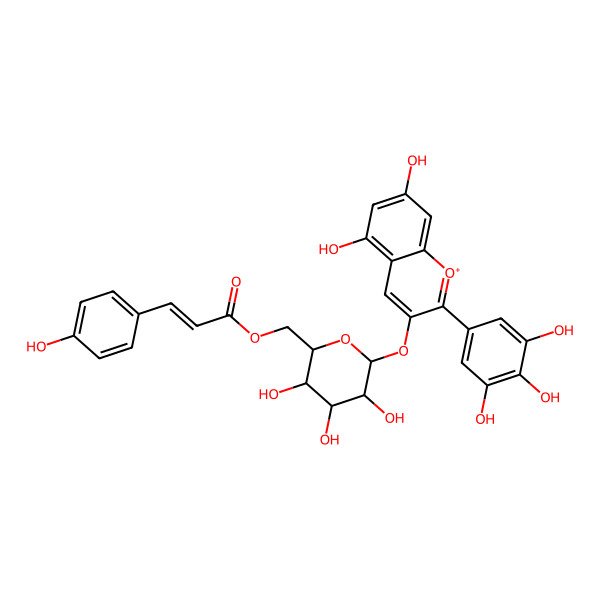 2D Structure of 5,7-dihydroxy-2-(3,4,5-trihydroxyphenyl)chromenium-3-yl 6-O-[(2Z)-3-(4-hydroxyphenyl)prop-2-enoyl]-beta-D-glucopyranoside