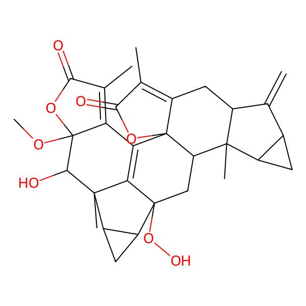 2D Structure of (2R,8S,10S,12R,13S,14S,16S,17S,19R,20S,21R,22S)-16-hydroperoxy-21-hydroxy-22-methoxy-5,13,20,25-tetramethyl-9-methylidene-3,23-dioxanonacyclo[14.10.1.02,6.02,14.08,13.010,12.017,19.020,27.022,26]heptacosa-1(27),5,25-triene-4,24-dione