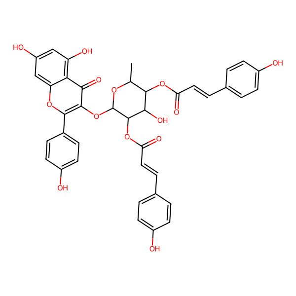 2D Structure of 3-[2-O-(4-Hydroxy-cis-cinnamoyl)-4-O-(4-hydroxy-trans-cinnamoyl)-alpha-L-rhamnopyranosyloxy]-5,7,4'-trihydroxyflavone
