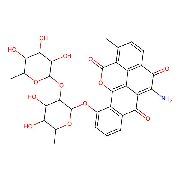 2D Structure of 10-amino-3-[(2S,3R,4S,5R,6R)-4,5-dihydroxy-6-methyl-3-[(2R,3R,4S,5R,6R)-3,4,5-trihydroxy-6-methyloxan-2-yl]oxyoxan-2-yl]oxy-15-methyl-18-oxapentacyclo[10.6.2.02,7.09,19.016,20]icosa-1(19),2(7),3,5,9,12(20),13,15-octaene-8,11,17-trione