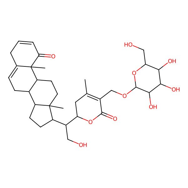2D Structure of 2-[(1R)-1-[(10R,13S)-10,13-dimethyl-1-oxo-4,7,8,9,11,12,14,15,16,17-decahydrocyclopenta[a]phenanthren-17-yl]-2-hydroxyethyl]-4-methyl-5-[[(2S,3R,4S,5R,6R)-3,4,5-trihydroxy-6-(hydroxymethyl)oxan-2-yl]oxymethyl]-2,3-dihydropyran-6-one
