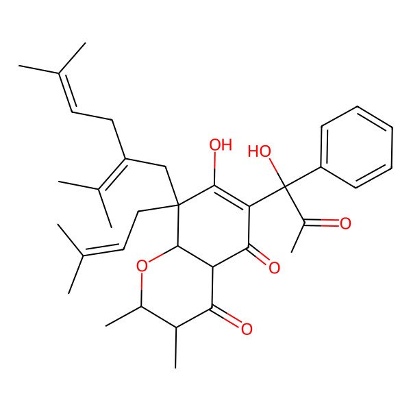 2D Structure of 7-Hydroxy-6-(1-hydroxy-2-oxo-1-phenylpropyl)-2,3-dimethyl-8-(3-methylbut-2-enyl)-8-(5-methyl-2-propan-2-ylidenehex-4-enyl)-2,3,4a,8a-tetrahydrochromene-4,5-dione