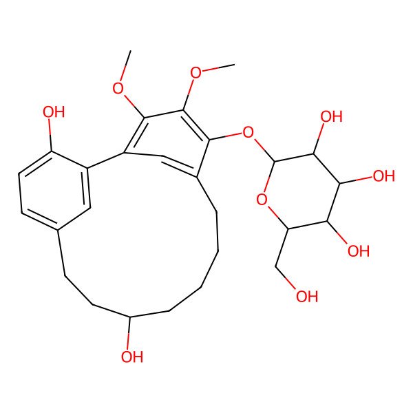 2D Structure of (2S,3R,4S,5S,6R)-2-[(11,17-dihydroxy-3,4-dimethoxy-5-tricyclo[12.3.1.12,6]nonadeca-1(17),2,4,6(19),14(18),15-hexaenyl)oxy]-6-(hydroxymethyl)oxane-3,4,5-triol