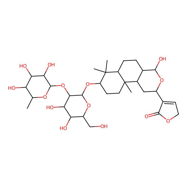 2D Structure of 4-[(2S,4R,4aR,6aR,8S,10aR,10bS)-8-[(2R,3R,4S,5S,6R)-4,5-dihydroxy-6-(hydroxymethyl)-3-[(2S,3R,4R,5R,6S)-3,4,5-trihydroxy-6-methyloxan-2-yl]oxyoxan-2-yl]oxy-4-hydroxy-7,7,10a-trimethyl-2,4,4a,5,6,6a,8,9,10,10b-decahydro-1H-benzo[f]isochromen-2-yl]-2H-furan-5-one