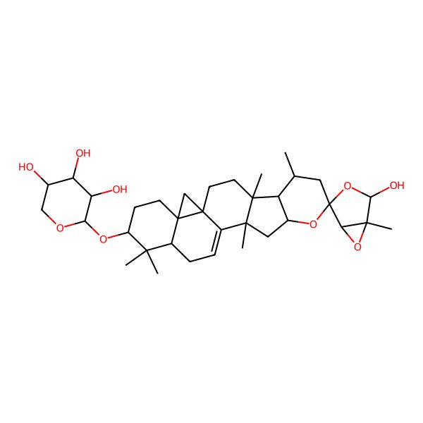 2D Structure of (2S,3R,4S,5R)-2-[(1'R,4'R,12'R,16'R,21'R)-2-hydroxy-1,4',6',12',17',17'-hexamethylspiro[3,6-dioxabicyclo[3.1.0]hexane-4,8'-9-oxahexacyclo[11.9.0.01,21.04,12.05,10.016,21]docos-13-ene]-18'-yl]oxyoxane-3,4,5-triol