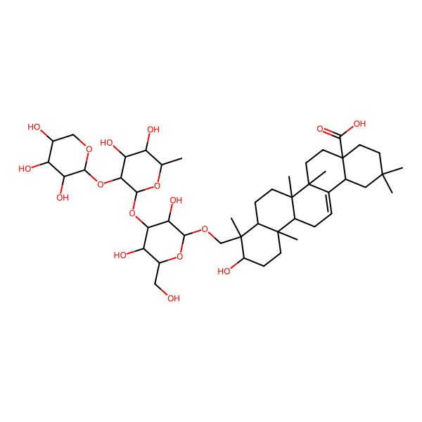 2D Structure of (6aS,9R)-9-[[(2R,3R,4S,5R,6R)-4-[(2S,3R,4R,5S,6S)-4,5-dihydroxy-6-methyl-3-[(2S,3R,4S,5S)-3,4,5-trihydroxyoxan-2-yl]oxyoxan-2-yl]oxy-3,5-dihydroxy-6-(hydroxymethyl)oxan-2-yl]oxymethyl]-10-hydroxy-2,2,6a,6b,9,12a-hexamethyl-1,3,4,5,6,6a,7,8,8a,10,11,12,13,14b-tetradecahydropicene-4a-carboxylic acid