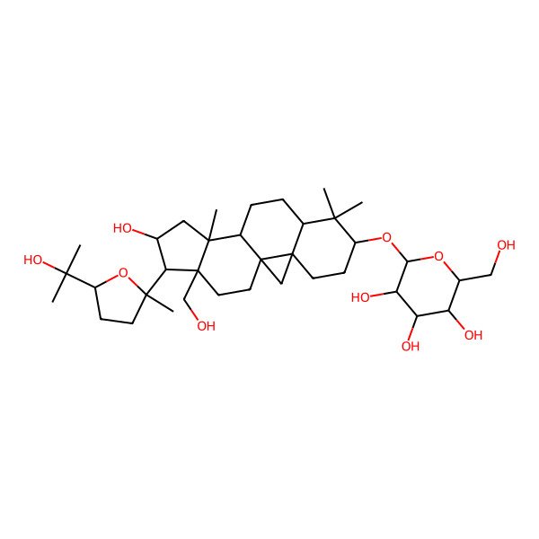 2D Structure of (2R,3R,4S,5S,6R)-2-[[(1S,3R,6S,8R,11S,12S,14S,15R,16S)-14-hydroxy-16-(hydroxymethyl)-15-[(2S)-5-(2-hydroxypropan-2-yl)-2-methyloxolan-2-yl]-7,7,12-trimethyl-6-pentacyclo[9.7.0.01,3.03,8.012,16]octadecanyl]oxy]-6-(hydroxymethyl)oxane-3,4,5-triol