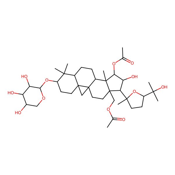 2D Structure of [(1S,3R,6S,8R,11R,12S,13R,14R,15R,16S)-13-acetyloxy-14-hydroxy-15-[(2S,5R)-5-(2-hydroxypropan-2-yl)-2-methyloxolan-2-yl]-7,7,12-trimethyl-6-[(2S,3R,4S,5R)-3,4,5-trihydroxyoxan-2-yl]oxy-16-pentacyclo[9.7.0.01,3.03,8.012,16]octadecanyl]methyl acetate