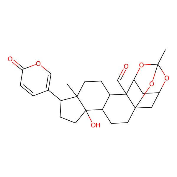 2D Structure of (1S,4R,5S,8R,9R,12S,13R,14R,16R,18S)-5-hydroxy-9,16-dimethyl-8-(6-oxopyran-3-yl)-15,17,20-trioxahexacyclo[14.3.1.114,18.01,13.04,12.05,9]henicosane-13-carbaldehyde
