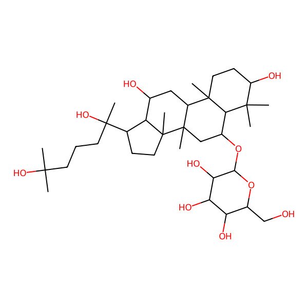 2D Structure of (2R,3R,4S,5S,6R)-2-[[(3S,5R,6S,8R,9R,10R,12R,13R,14R,17S)-17-[(2R)-2,6-dihydroxy-6-methylheptan-2-yl]-3,12-dihydroxy-4,4,8,10,14-pentamethyl-2,3,5,6,7,9,11,12,13,15,16,17-dodecahydro-1H-cyclopenta[a]phenanthren-6-yl]oxy]-6-(hydroxymethyl)oxane-3,4,5-triol